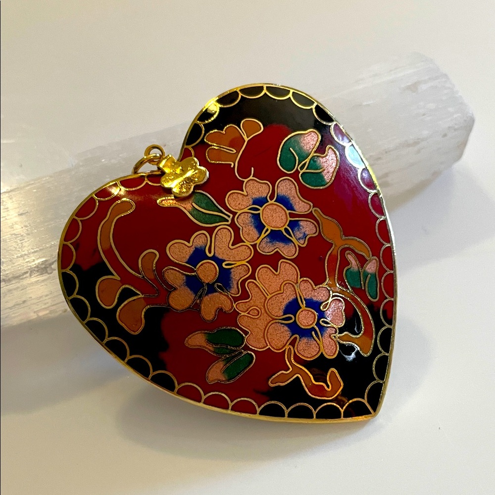 Vintage Cloisonne Heart Shaped Double Sided Floral Design Puffed Heart Pendent